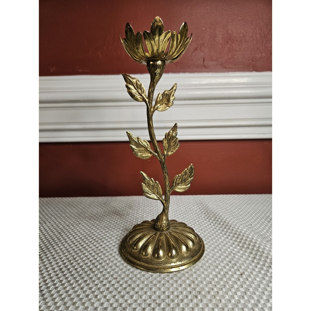 Vintage Brass Flower Stem Taper Candle Holder MCM Hollywood Regency Cottagecore